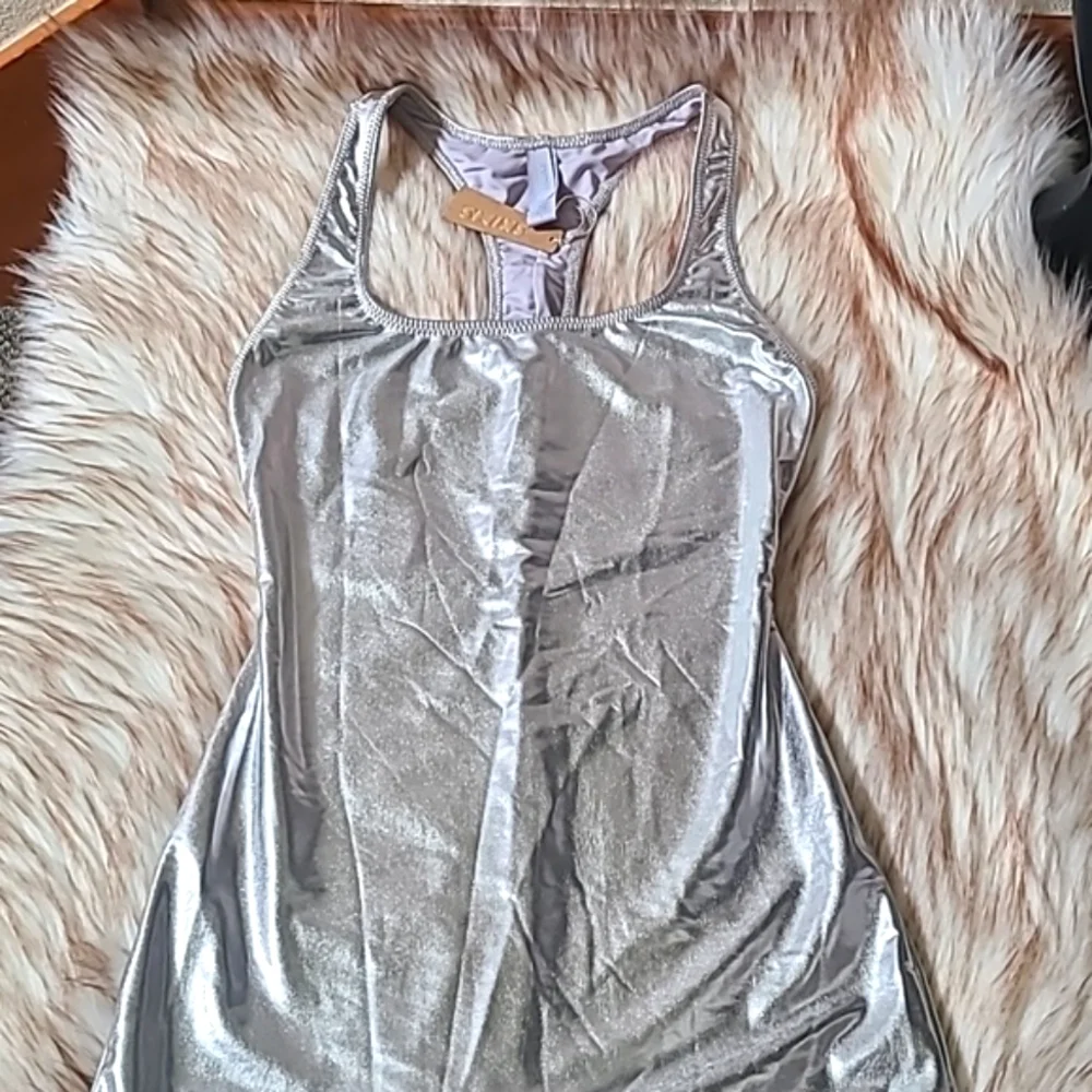 NWT SKIMS Metallic Swim Cycle Suit Size S Nickel